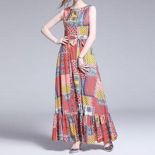 Printed Sleeveless Maxi Mermaid Dress With Sash