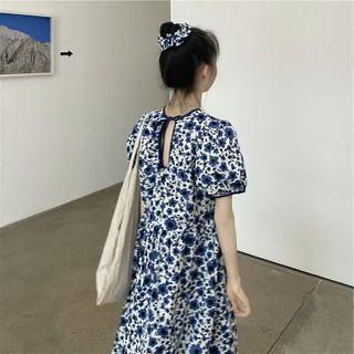 Crew-neck Floral Cut-out Open-back Puff-sleeve Dress As Shown In Figure - One Size