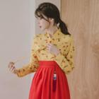 Set: Hanbok Top (floral / Yellow) + Skirt (maxi / Red)