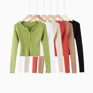 V-neck Buttoned Long Sleeve Knit Top