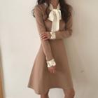 Bow Accent Knitted Long-sleeve A-line Dress