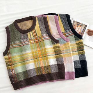 Color-block Plaid Crewneck Knit Vest