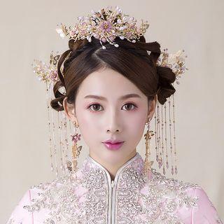 Wedding Set: Faux Pearl Hair Stick + Hair Clip + Fringed Earring Set Of 1 - As Shown In Figure - One Size