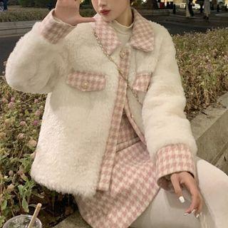 Collared Single-breasted Fleece Jacket / Mini A-line Skirt / Tights