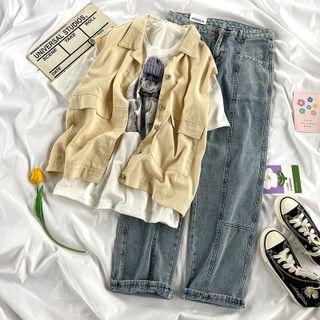 Elbow-sleeve Rabbit Print T-shirt / Single-breasted Vest / Wide-leg Jeans