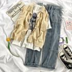 Elbow-sleeve Rabbit Print T-shirt / Single-breasted Vest / Wide-leg Jeans