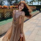 Long-sleeve Cold-shoulder Shirred Midi A-line Dress