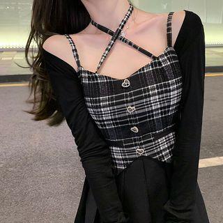 Mock Two-piece Spaghetti-strap Plaid Mini A-line Dress / Shrug