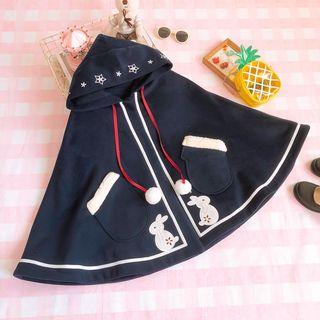 Rabbit Embroidered Hooded Cape Navy Blue - One Size
