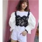 Set: Puff 3/4 Sleeve T-shirt + Cropped Lace Camisole Top