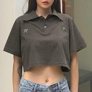 Short-sleeve Metal Butterfly-accent Cropped Polo Shirt