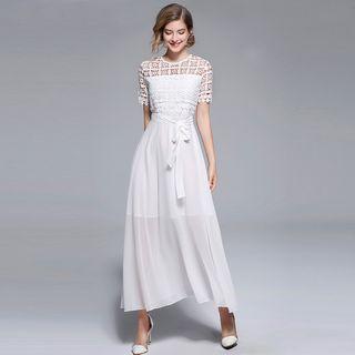 Short-sleeve Lace Panel Maxi Chiffon Dress With Sash