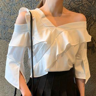 Ruffled Cold Shoulder 3/4-sleeve Chiffon Blouse White - One Size