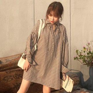 Plaid Long-sleeve Collared Tunic Dress