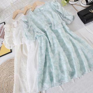 Square-neck Plain Ruffle Short-sleeve Dress