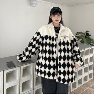 Argyle Print Faux Shearling Zip Jacket