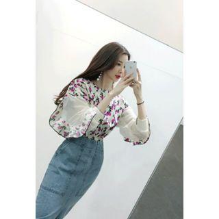 Frilled Sheer-sleeve Flower Pattern Top