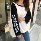 Long-sleeve Letter Printed Color Block T-shirt As Shown In Figure - One Size