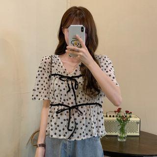 Short-sleeve Chiffon Printed Ruched Shirt