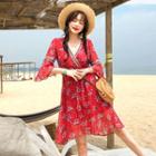 Bell-sleeve Lace-trim Floral Dress