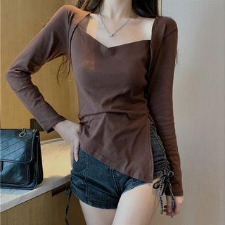 Long-sleeve Square-neck Irregular T-shirt