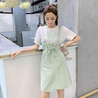 Short-sleeve Letter Printed T-shirt + Sleeveless Tie-waist Playsuit