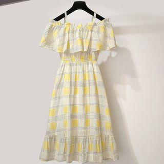 Sleeveless  Off-shoulder Plaid Dress