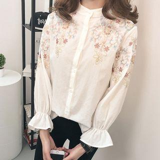 3/4-sleeve Mock Collar Embroidered Shirt