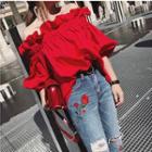 Plain Ruffle Trim Off-shoulder Top Red - One Size
