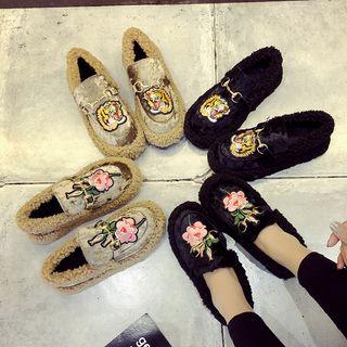 Embroidered Furry Loafers