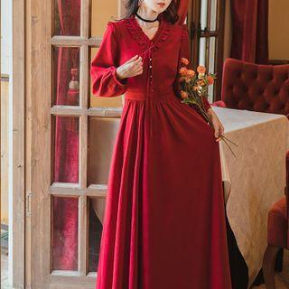 Long-sleeve Trill Trim Maxi A-line Dress