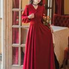 Long-sleeve Trill Trim Maxi A-line Dress