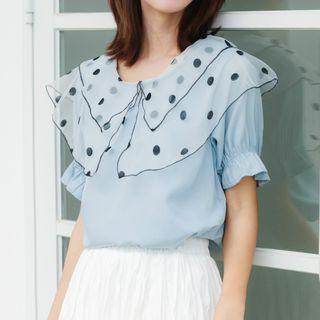 Short-sleeve Ruffle Trim Polka Dot Blouse