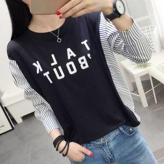 Striped Panel Lettering Long-sleeve T-shirt