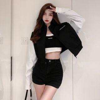 Colorblock Cropped Loose Jacket As Figure - One Size