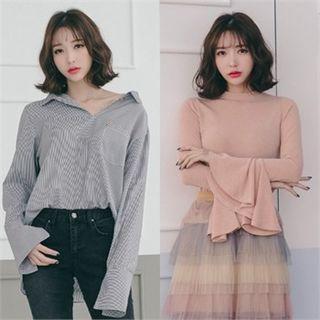 Set: Flare-cuff Top + Open-placket Stripe Shirt