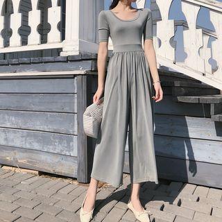 Short-sleeve Cropped Wide-leg Jumpsuit