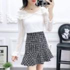 Set: Flared-cuff Collared Lace Top + Flared Hem Tweed Mini A-line Dress
