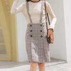Long-sleeve Knit Top / Plaid Mini Fitted Suspender Skirt / Set
