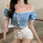 Puff-sleeve Off-shoulder Lace-up Crop Top Blue - One Size