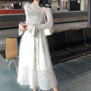 Set Of 2: Plain Long-sleeve T-shirt + Lace Jumper Dress Light Pink - One Size