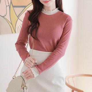 Contrast Lettuce-edge Pointelle-knit Top