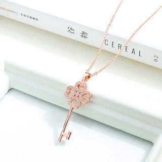 Stainless Steel Rhinestone Clover Key Pendant Necklace 461 - Rose Gold - One Size