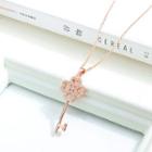 Stainless Steel Rhinestone Clover Key Pendant Necklace 461 - Rose Gold - One Size