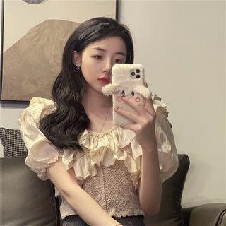 V-neck Ruffle Trim Cropped Blouse Almond - One Size