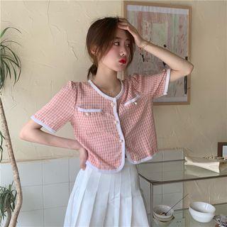 Short-sleeve Check Button-up Top