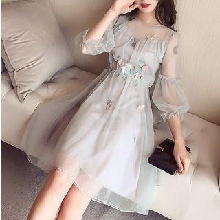 Flower Applique 3/4-sleeve A-line Dress