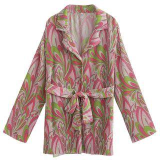 Long-sleeve Floral Mini Shirt Dress Pink & Green - One Size