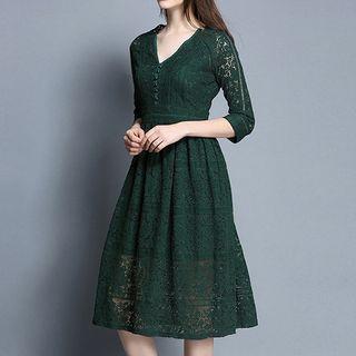 V-neck 3/4-sleeve A-line Lace Dress