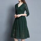 V-neck 3/4-sleeve A-line Lace Dress